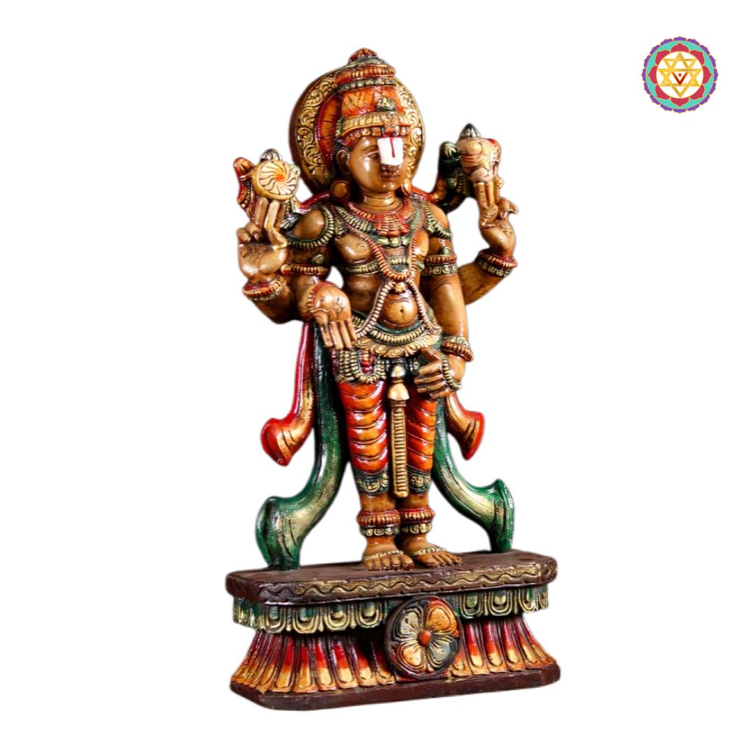 traditional wooden decor lord vishnu statue intricate detailing
