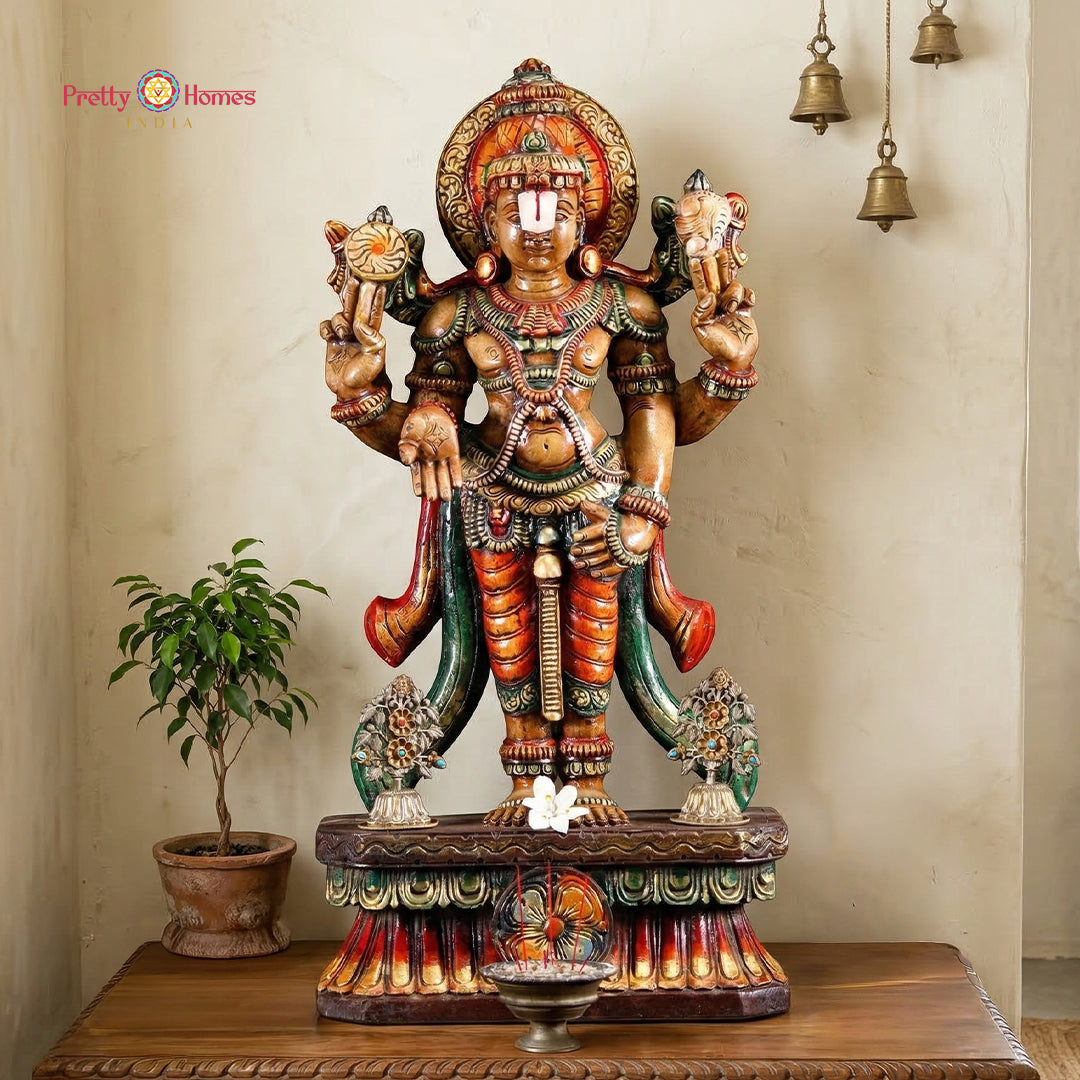 lord vishnu wooden statue decor multicolour carved artwork