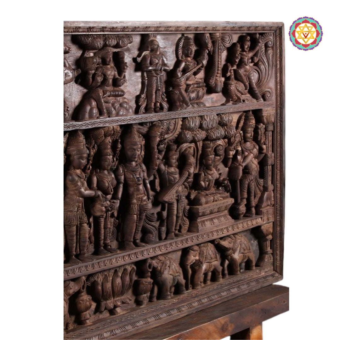 Grand horizontal Meenakshi Kalyanam Shiva Parvati wooden masterpiece inspired by temple architecture