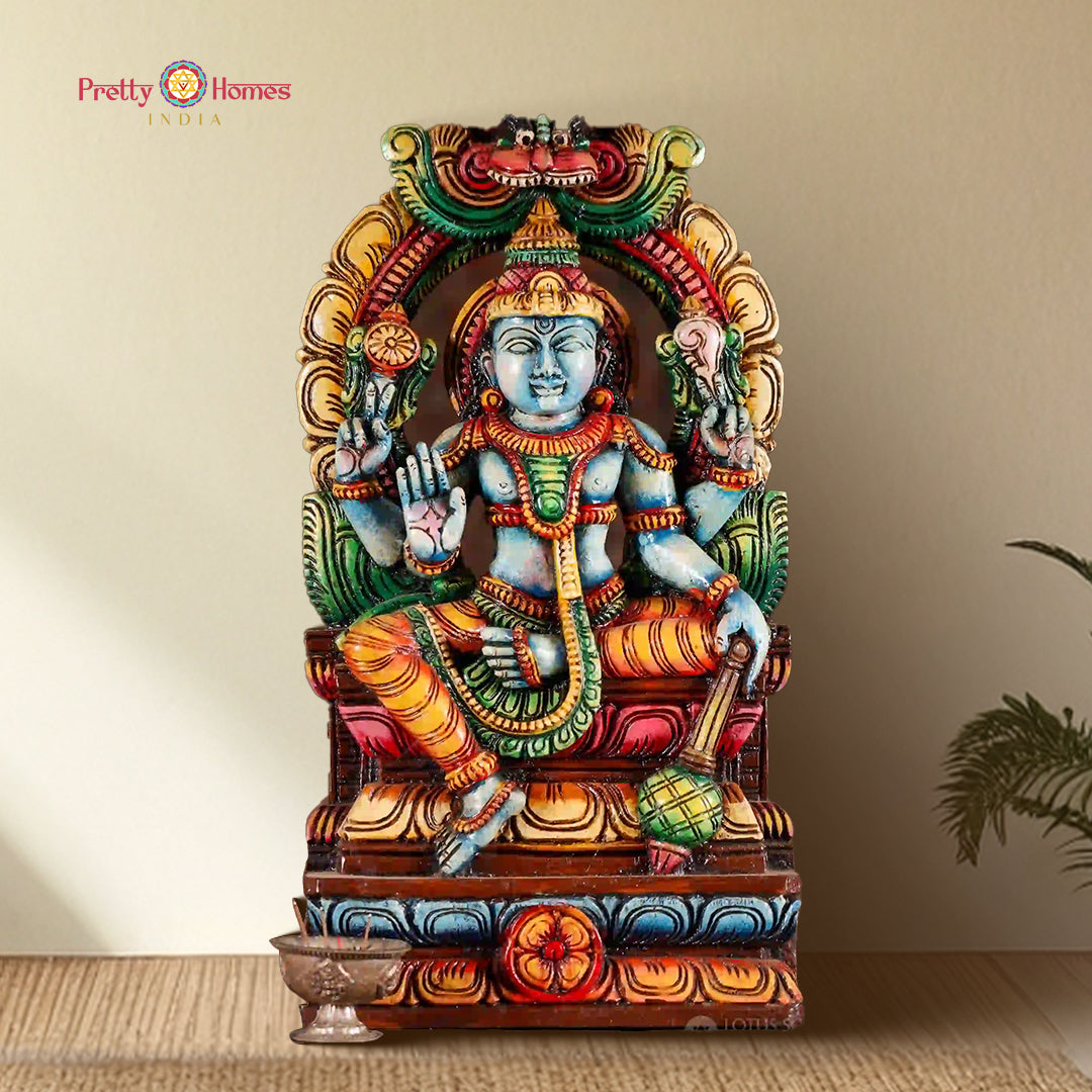 Wood-Carved Prabhavali Design Sitting Vishnu Statue