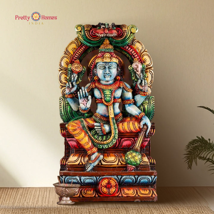 Wood-Carved Prabhavali Design Sitting Vishnu Statue