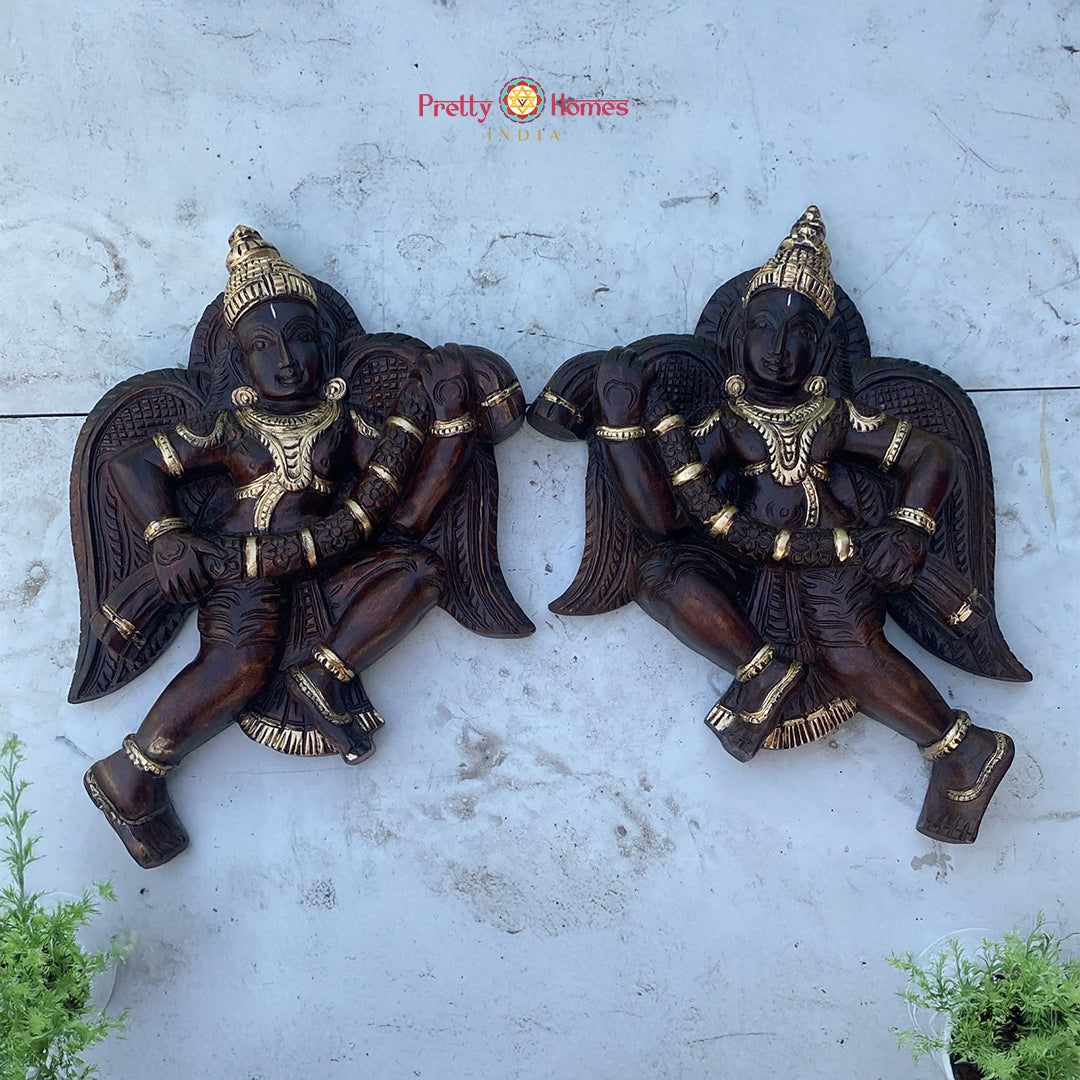 Woodcarved Celestial Gandharvas wooden wall decor pair in antique gold finish