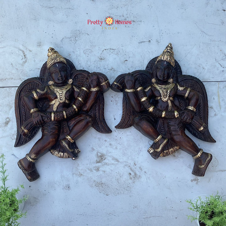 Woodcarved Celestial Gandharvas wooden wall decor pair in antique gold finish
