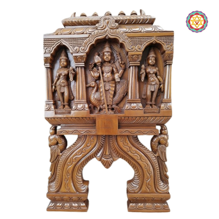 Hand-carved wooden panel of Lord Murugan with consorts Valli and Devasena