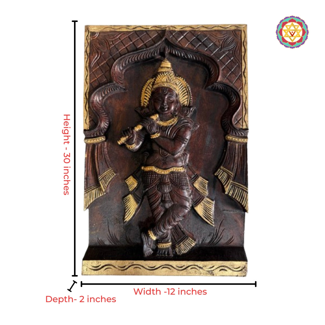 Gold finish krishna idol wooden pooja room wall plaque