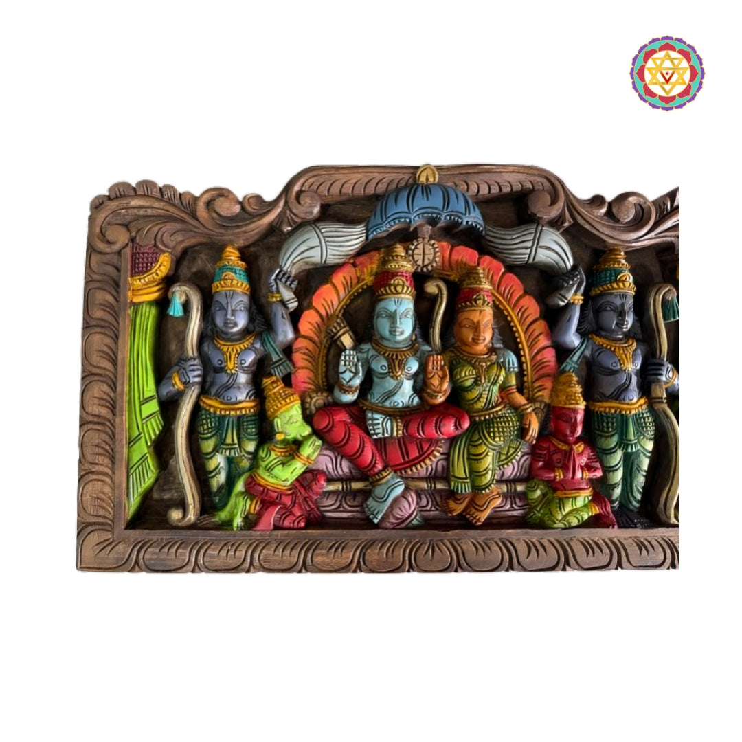 Traditional god statue Ram Darbar multicolour wood carving panel