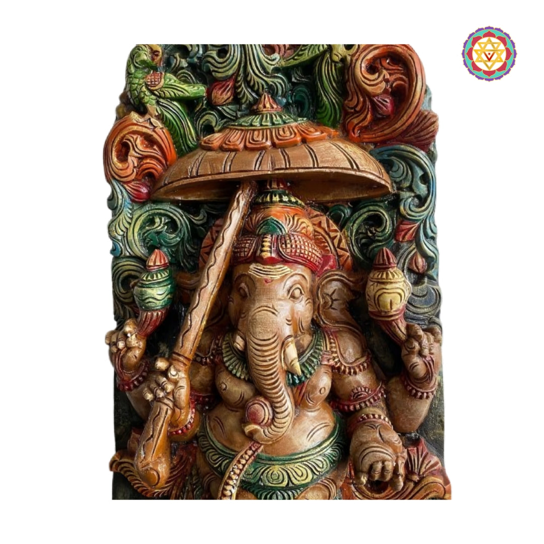 Multicolour ganesha idol wood carving wall decor