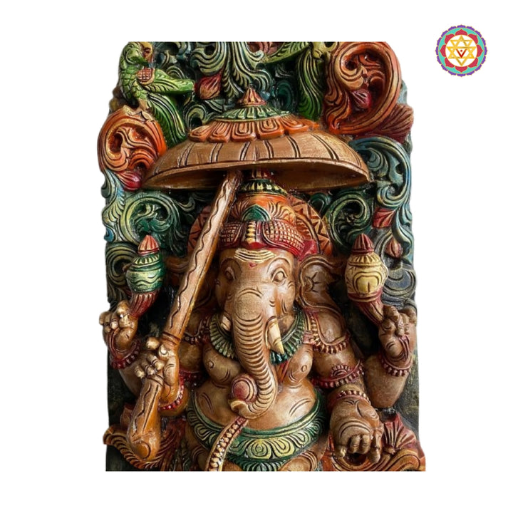 Multicolour ganesha idol wood carving wall decor