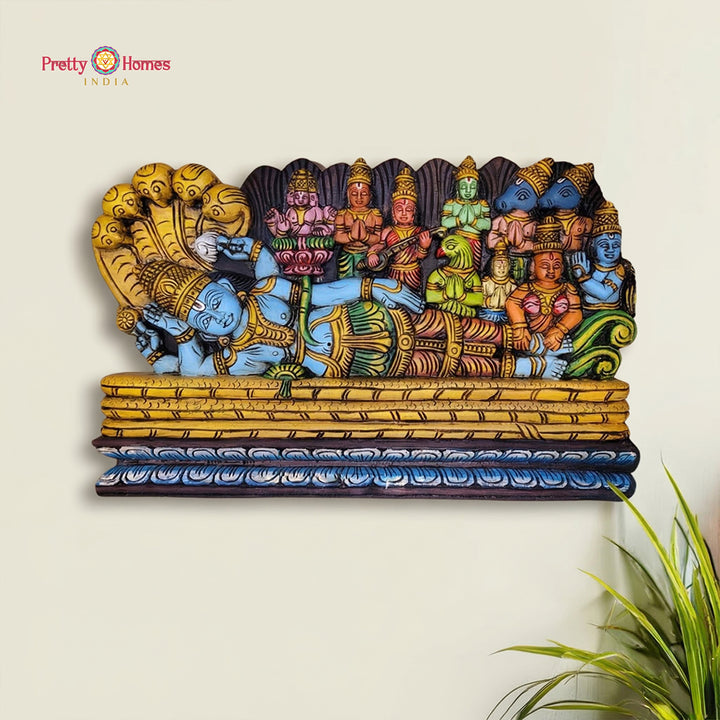 wooden vishnu ananta shayanam wall panel multicolour