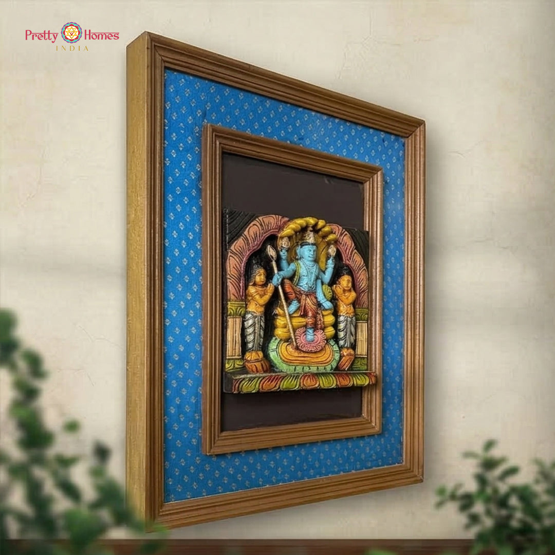 wooden wall hanging lord vishnu with worshippers framed art