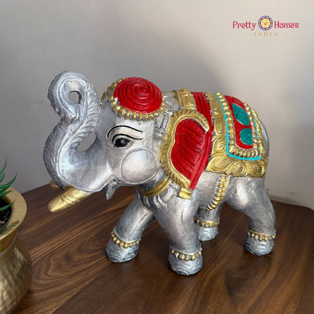 handcarved trunk up wooden elephants silver multicolour