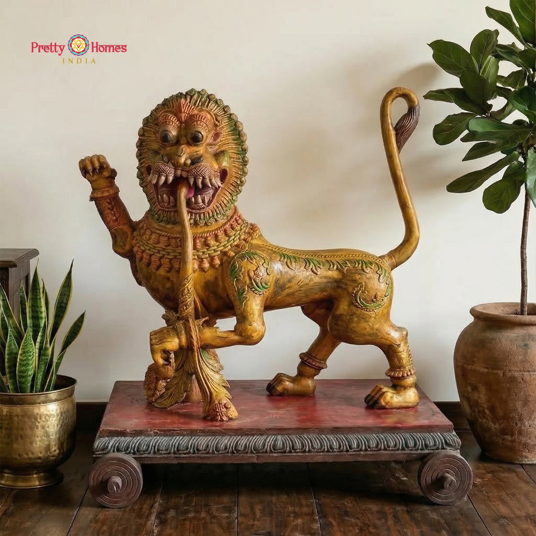 handcarved wooden yali statue antique multicolour carved artwork
