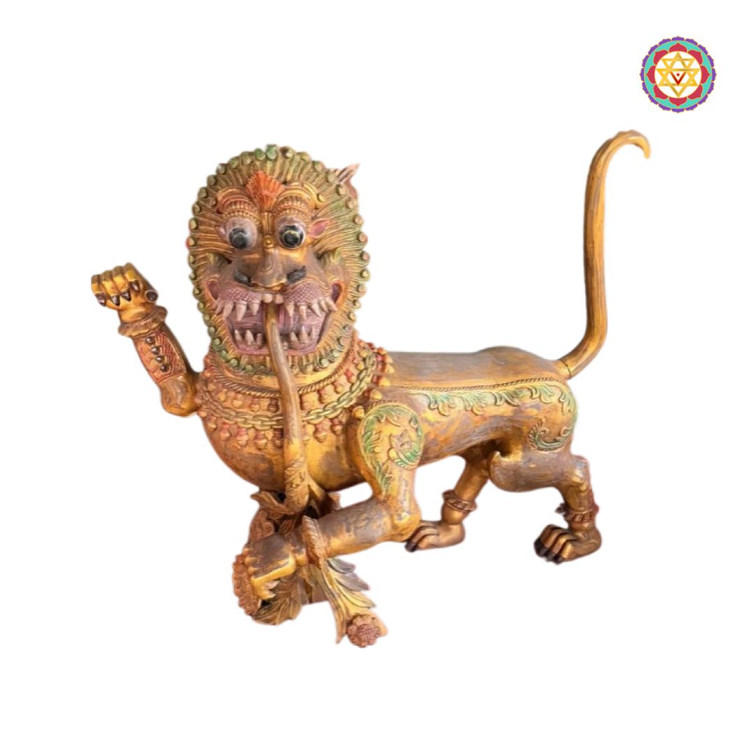 wooden statue decor yali with kirthi mukha traditional carving
